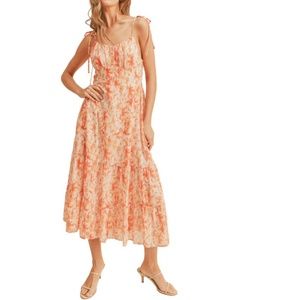 NEW LUSH Coral Lemon CHIFFON Tie Strap TIERED Midi SUNDRESS S